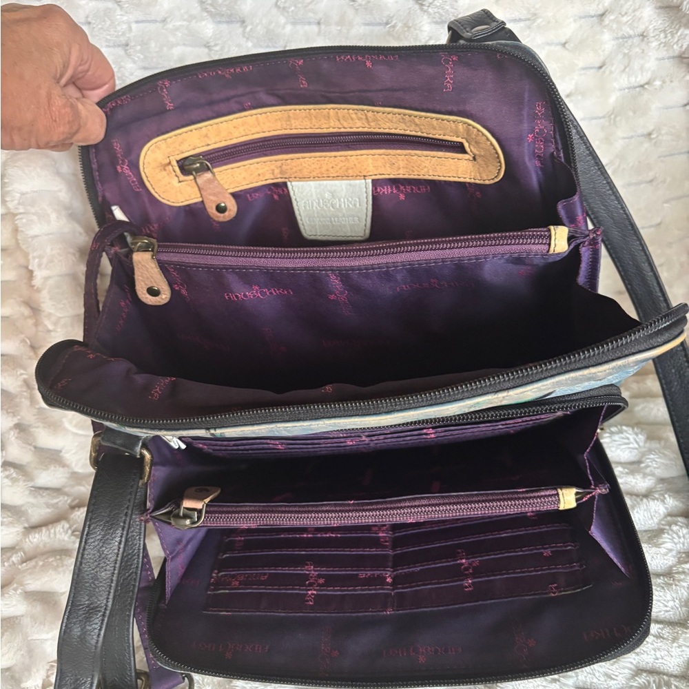 Anuschka Hand Painted Leather Floral Crossbody Organizer Antique Brass Hardware - Picture 9 of 10
